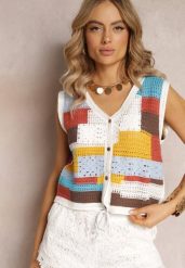 Biało-Niebieski Top z Bawełnianej Dzierganej Tkaniny Zapinany na Guziki Kawayne. Białe topy Renee, bez wzorów, z bawełny, boho, bez kołnierzyka, bez ramiączek. W wyprzedaży za 75.99 zł.