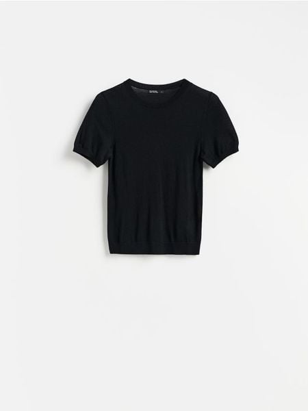 Sweter z wełną i modalem - czarny. Czarne swetry Reserved, l, bez wzorów, z wełny, bez ramiączek. Za 119.99 zł.