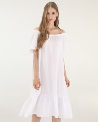 Biała sukienka z muślinu. Białe sukienki Unisono, l, bez wzorów, z bawełny, bez kołnierzyka, bez ramiączek, mini, rozkloszowane. Za 179.00 zł.