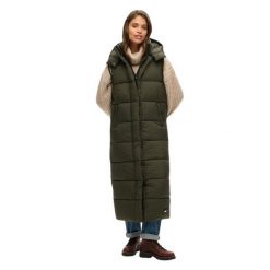 Damska długa kurtka puchowa bez rękawów z kapturem Superdry Ripstop. Zielone kurtki Superdry, bez wzorów, z puchu, z kapturem. W wyprzedaży za 605.35 zł.