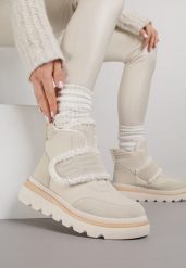 Beżowe Śniegowce Ozdobione Futerkiem i Przeszyciami Newelara. Brązowe śniegowce Renee, bez wzorów, z jeansu, bez zapięcia. Za 109.99 zł.