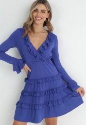 Granatowa Sukienka Mini z Gumką w Talii i Falbankami Livarria. Niebieskie sukienki Born2be, na imprezę, l, bez wzorów, eleganckie, bez kołnierzyka, bez ramiączek, mini, rozkloszowane. W wyprzedaży za 132.99 zł.