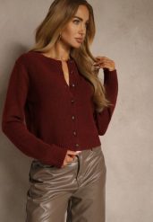 Bordowy Prosty Kardigan z Wełną z Okrągłym Dekoltem Reianvela. Czerwone swetry Renee, m, bez wzorów, z dzianiny, klasyczne, bez ramiączek. Za 139.99 zł.