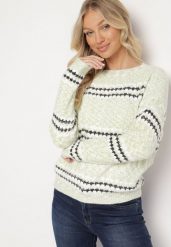 Jasnozielony Sweter z Bawełną Ozdobiony Paskami Ejasevia. Zielone swetry Born2be, na zimę, bez wzorów, z bawełny, bez ramiączek. W wyprzedaży za 67.99 zł.