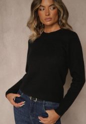 Czarny Sweter z Wełną ze Ściągaczami Furrive. Czarne swetry Renee, bez wzorów, z jeansu, casualowe, bez ramiączek. Za 69.99 zł.