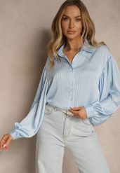Niebieska Koszula z Dłuższym Tyłem i Bufiastymi Rękawami Zivane. Niebieskie koszule Renee, l, bez wzorów, eleganckie, bez kołnierzyka, bez ramiączek. W wyprzedaży za 75.99 zł.