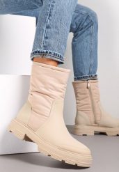 Beżowe Botki Sztyblety z Pikowaną Cholewką Fote. Brązowe botki Renee, bez wzorów, z jeansu, eleganckie, bez obcasa, na płaskiej podeszwie, bez zapięcia. Za 134.99 zł.