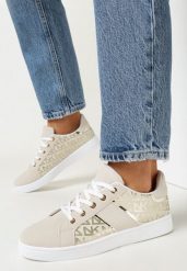 Beżowo-Złote Sneakersy z Nadrukiem Mindi. Brązowe buty sportowe lifestyle Born2be, bez wzorów, sportowe, bez zapięcia. Za 79.99 zł.