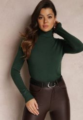 Ciemnozielony Golf Dopasowany Ungase. Zielone swetry Renee, na jesień, m, bez wzorów, z jeansu, bez ramiączek. W wyprzedaży za 35.99 zł.