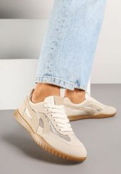 Ciemnobeżowe Sneakersy Tenisówki z Geometrycznym Motywem Amotheira. Brązowe trampki Renee, bez wzorów, z jeansu, klasyczne, bez zapięcia. W wyprzedaży za 67.99 zł.