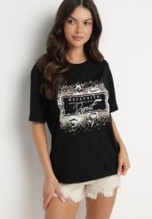 Czarny Bawełniany T-shirt Ozdobiony Nadrukiem Nartzedi. Czarne t-shirty Born2be, m, bez wzorów, z bawełny, bez kołnierzyka, bez ramiączek. W wyprzedaży za 33.99 zł.