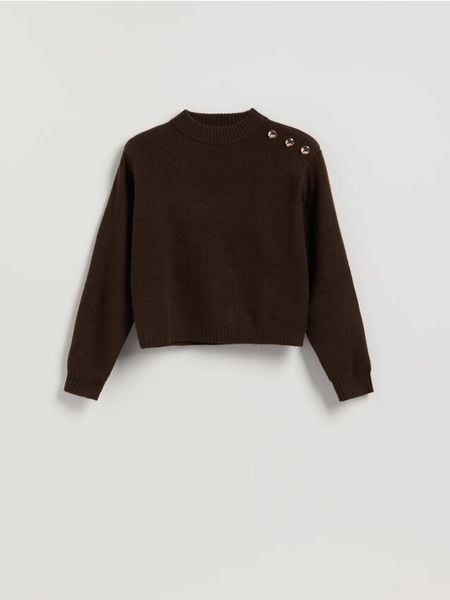 Sweter z poduszkami na ramionach - ciemnobrązowy. Brązowe swetry Reserved, l, bez wzorów, z dzianiny, bez ramiączek. Za 129.99 zł.