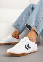 Biało-Czerwone Sneakersy Typu Kultowe Tenisówki Zdobione Przeszyciami Mepenna. Białe trampki Renee, z aplikacjami, z jeansu, eleganckie, bez zapięcia. W wyprzedaży za 75.99 zł.