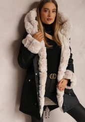 Czarno-Beżowa Kurtka Parka z Futerkiem Teyo. Czarne kurtki Renee, l, bez wzorów, z futra, bez kaptura. W wyprzedaży za 95.99 zł.