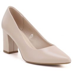 Czółenka damskie na słupku kremowy róż Sergio Leone PB414. Białe czółenka Sergio Leone, bez wzorów, ze skóry ekologicznej, bez obcasa, na słupku, bez zapięcia. Za 129.99 zł.