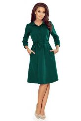 Rozkloszowana Szmizjerka z Paskiem. Czarne sukienki NUMOCO, l, bez wzorów, z materiału, wizytowe, bez kołnierzyka, bez ramiączek, rozkloszowane. Za 219.90 zł.