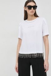 Marciano Guess t-shirt damski kolor biały. Białe t-shirty Marciano Guess, l, z aplikacjami, z dzianiny, bez kołnierzyka, bez ramiączek. Za 429.99 zł.
