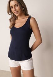 Granatowy Gładki Top na Szerokich Ramiączkach w Stylu Basic Starbe. Niebieskie topy Born2be, l, bez wzorów, z jeansu, biznesowe, bez kołnierzyka, bez ramiączek. Za 39.99 zł.