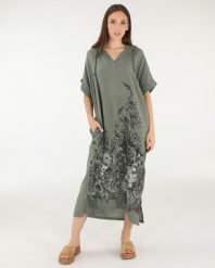 Lniana sukienka w kwiaty. Zielone sukienki Unisono, l, bez wzorów, bez kołnierzyka, bez ramiączek, mini. Za 279.00 zł.