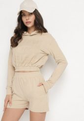 Beżowy Bawełniany Komplet Sportowy Bluza z Kapturem i Szorty Izilia. Brązowe bluzy z kapturem Born2be, bez wzorów, z bawełny. W wyprzedaży za 93.49 zł.