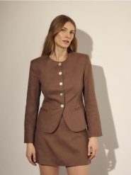 Marynarka z lnem - beżowy. Brązowe marynarki i żakiety Reserved, l, bez wzorów, z tkaniny, bez ramiączek. Za 179.99 zł.