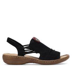 Sandały Rieker. Czarne sandały Rieker, bez wzorów, bez obcasa, na płaskiej podeszwie, bez zapięcia. Za 279.99 zł.