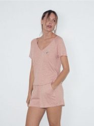 Piżama z lnem i wiskozą - brudny róż. Czerwone piżamy Reserved, l, bez wzorów, z dzianiny, bez kołnierzyka, bez ramiączek. Za 139.99 zł.