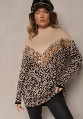 Beżowy Sweter z Wiskozą w Panterkę z Ozdobnymi Cekinami Firimi. Brązowe swetry Renee, z aplikacjami, z wiskozy, casualowe, bez ramiączek. W wyprzedaży za 135.99 zł.