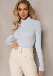Niebieski Klasyczny Golf z Prążkowanego Materiału Belikorre. Niebieskie swetry Renee, m, bez wzorów, z jeansu, eleganckie, bez ramiączek. W wyprzedaży za 51.99 zł.