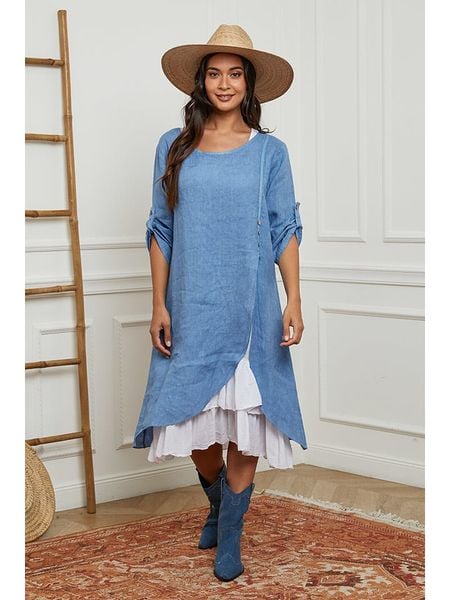 La Compagnie Du Lin Lniana sukienka w kolorze błękitno-białym rozmiar: XXL. Białe sukienki La Compagnie Du Lin, xxl, bez wzorów, ze lnu, bez kołnierzyka, bez ramiączek, midi. Za 144.58 zł.