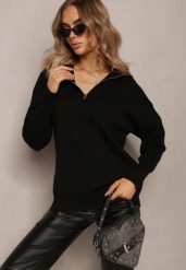 Czarny Golf w Stylu Sweterkowym z Zamkiem na Dekolcie Davinde. Czarne swetry Renee, m, bez wzorów, z tkaniny, casualowe, bez ramiączek. W wyprzedaży za 71.99 zł.