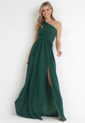 Zielona Sukienka Maxi Na Jedno Ramię z Rozcięciem na Dole Jasminta. Zielone sukienki Born2be, na imprezę, m, bez wzorów, eleganckie, z asymetrycznym kołnierzem, bez ramiączek, maxi, asymetryczne. W wyprzedaży za 144.49 zł.