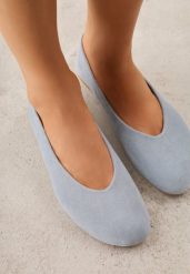 Niebieskie Balerinki z Imitacji Zamszu w Stylu Basic Saraphiele. Niebieskie baleriny Renee, bez wzorów, z jeansu, bez obcasa, bez zapięcia. Za 74.99 zł.