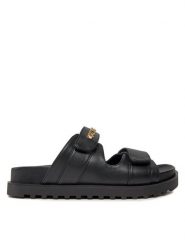 Guess Klapki Fabulon FLJFBU ELE19 Czarny. Czarne klapki Guess, z aplikacjami, ze skóry, bez obcasa, bez zapięcia. Za 399.99 zł.