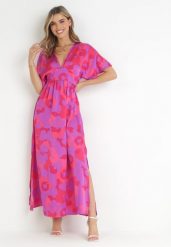 Fuksjowa Rozkloszowana Sukienka Maxi w Kwiaty Olvera. Czerwone sukienki Born2be, l, bez wzorów, bez kołnierzyka, bez ramiączek, maxi, rozkloszowane. W wyprzedaży za 135.99 zł.