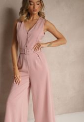 Różowy Kombinezon o Taliowanym Kroju z Wiskozą i Paskiem Raliorea. Czerwone sukienki Renee, bez wzorów, z wiskozy, eleganckie, bez kołnierzyka, bez ramiączek. W wyprzedaży za 135.99 zł.