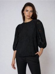 Elegancka bluzka z bufkami - czarny. Czarne bluzki Sinsay, l, bez wzorów, eleganckie, bez kołnierzyka, bez ramiączek. Za 49.99 zł.