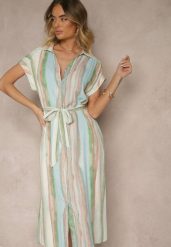 Niebiesko-Beżowa Wiskozowa Sukienka Koszulowa z Wiązanym Paskiem Iffema. Niebieskie sukienki Renee, na co dzień, l, z aplikacjami, z wiskozy, eleganckie, bez kołnierzyka, bez ramiączek, midi, koszulowe. W wyprzedaży za 99.99 zł.