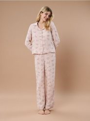 Muślinowa piżama z kołnierzykiem z nadrukiem w psy - różowy. Czerwone piżamy Sinsay, l, bez wzorów, bez kołnierzyka, bez ramiączek. Za 79.99 zł.