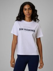 4F T-shirt boxy z nadrukiem damski - biały S. Białe t-shirty 4f, s, bez wzorów, z jeansu, bez kołnierzyka, bez ramiączek. Za 69.99 zł.