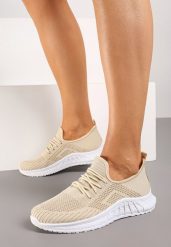Beżowo-Białe Buty Sportowe Bemostom. Brązowe buty sportowe lifestyle Renee, bez wzorów, z jeansu, bez zapięcia, na fitness i siłownię. W wyprzedaży za 39.99 zł.