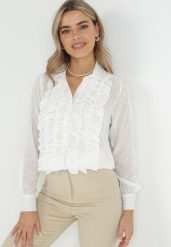 Biała Koszula z Falbankami i Cekinami Liy. Białe koszule Born2be, m, bez wzorów, klasyczne, bez kołnierzyka, bez ramiączek. W wyprzedaży za 134.99 zł.