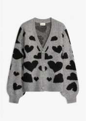 Sweter rozpinany w atrakcyjny wzór. Szare swetry bonprix, bez wzorów, bez ramiączek. Za 129.99 zł.