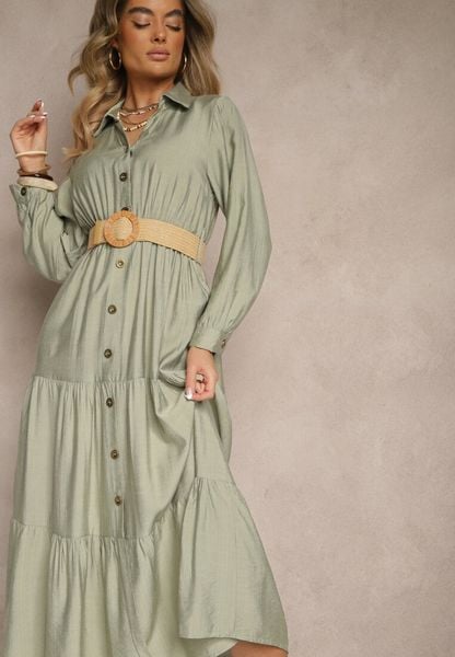 Zielona Wiskozowa Sukienka o Koszulowym Kroju z Paskiem z Klamrą Feluriela. Zielone sukienki Renee, na co dzień, l, bez wzorów, z wiskozy, eleganckie, bez kołnierzyka, bez ramiączek, maxi, kopertowe. Za 89.99 zł.