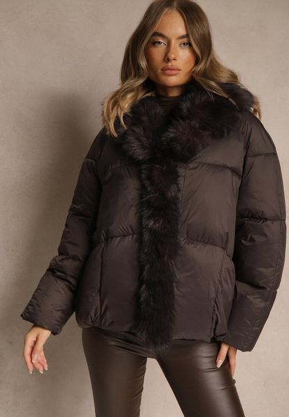 Brązowa Oversizowa Kurtka z Pikowanymi Przeszyciami i Futrem Silvitila. Brązowe kurtki Renee, l, bez wzorów, z dzianiny, bez kaptura. Za 289.99 zł.
