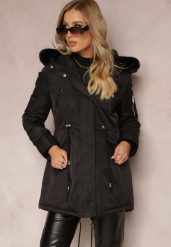 Czarna Kurtka Parka z Kapturem i Ozdobnym Futerkiem Dioneta. Czarne kurtki Renee, na zimę, l, bez wzorów, z materiału, z kapturem. W wyprzedaży za 239.99 zł.
