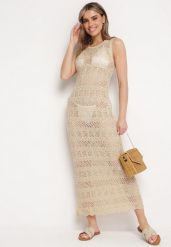 Beżowa Dopasowana Sukienka z Ażurowego Materiału Wykończona Metaliczną Nitką Trinesa. Brązowe sukienki Born2be, na co dzień, m, w ażurowe wzory, z jeansu, eleganckie, bez kołnierzyka, bez ramiączek, maxi, dopasowane. Za 139.99 zł.