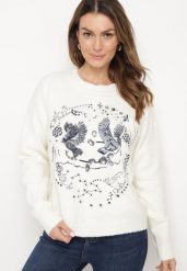 Jasnobeżowy Sweter z Ozdobnym Haftem z Przodu Minavira. Brązowe swetry Born2be, uniwersalny, bez wzorów, z jeansu, eleganckie, bez ramiączek. W wyprzedaży za 144.49 zł.