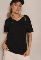 Czarny T-shirt z Bawełny z Dekoltem w Serek Tanirea. Czarne t-shirty Renee, l, bez wzorów, z bawełny, bez kołnierzyka, bez ramiączek. W wyprzedaży za 35.99 zł.