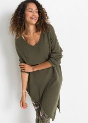 Sweter z asymetryczną linią dołu. Zielone swetry bonprix, bez wzorów, bez ramiączek. Za 122.99 zł.
